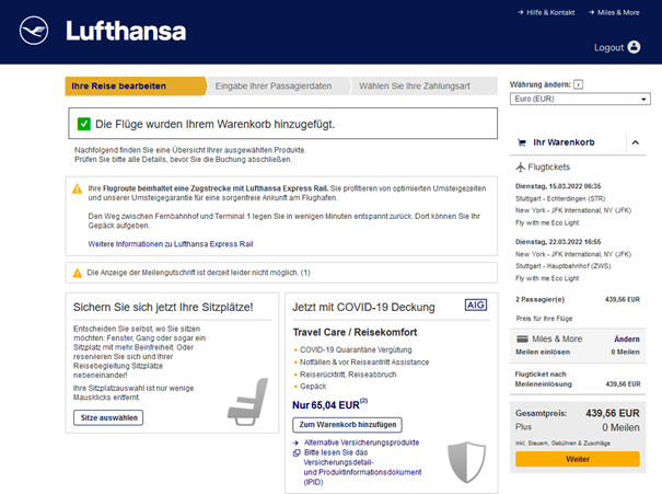 Lufthansa 2-für-1 Special Economy Beispiel mit Bahnzubringer