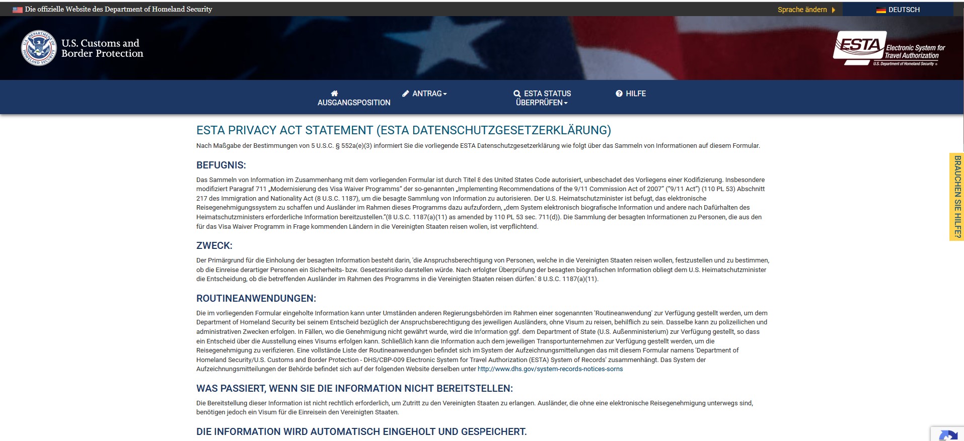 Screenshot offizielle Webseite für ESTA-Antrag