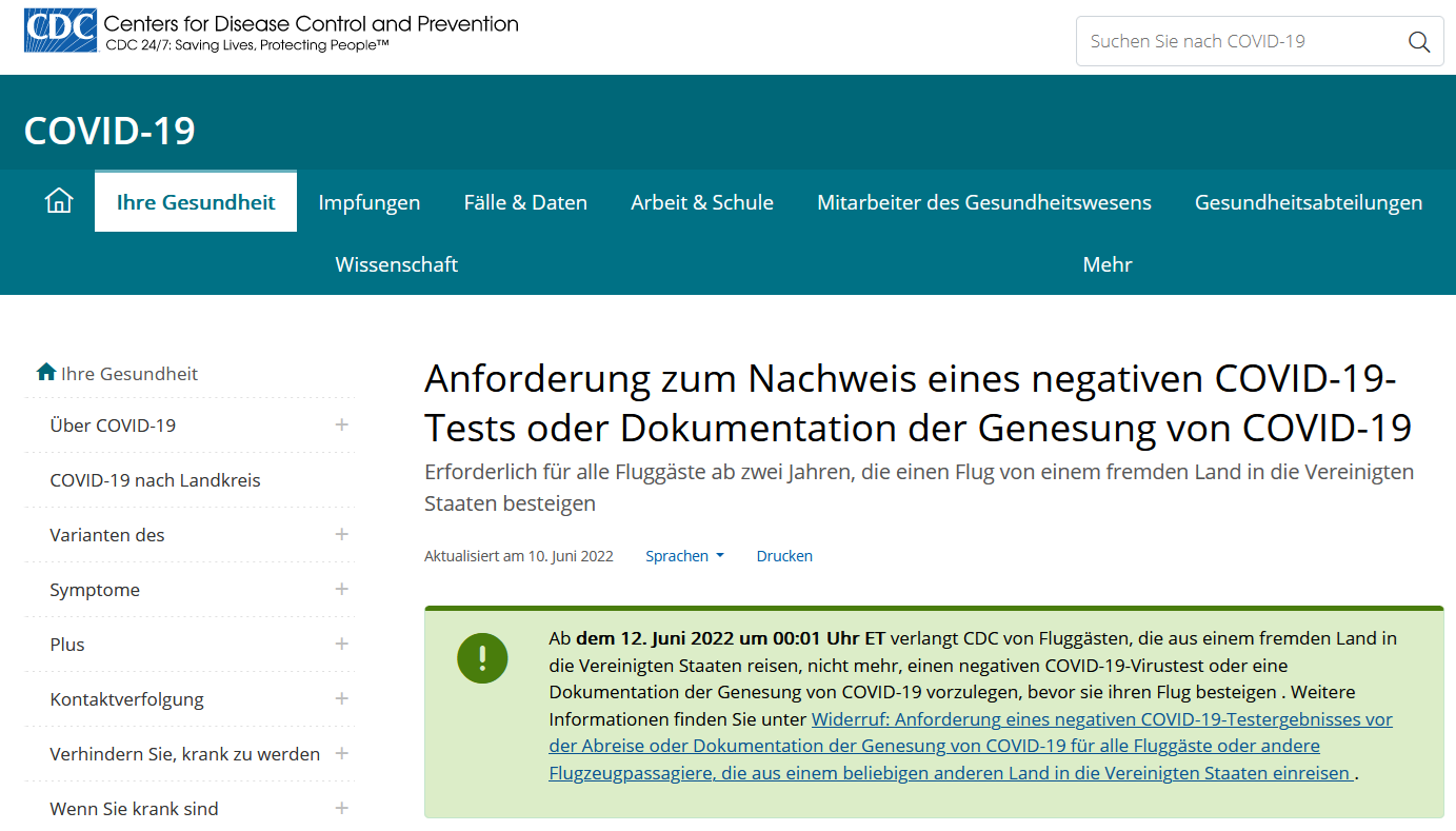 CDC-Anordnung zur entfallenen Testpflicht