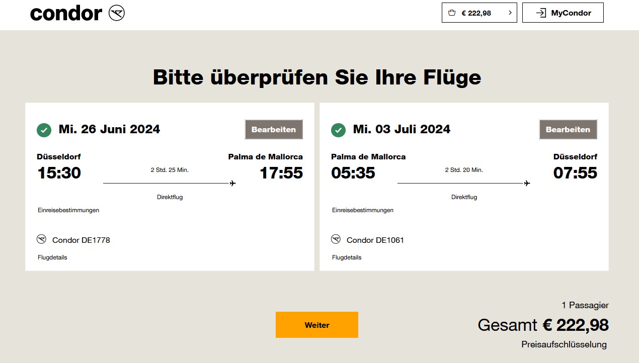 Screenshot Condor Business Class 223 Euro