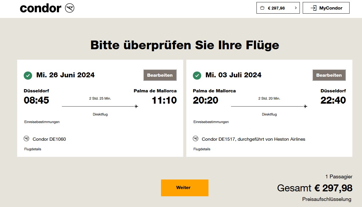 Screenshot Condor Business Class 298 Euro